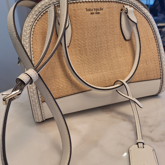 NWOT Kate Spade Reiley Large Dome Satchel. Straw & White Leather w/ Crossbody - Picture 6 of 7